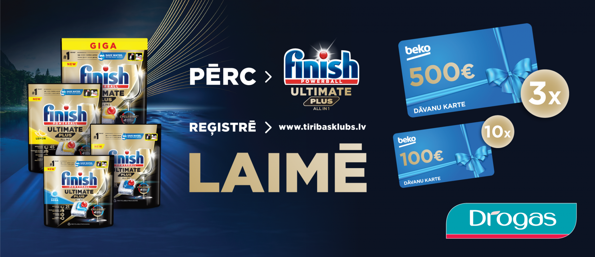 Pērc Finish Powerball Ultimate Plus all in 1, reģistrē pirkumu un laimē Beko dāvanu karti!