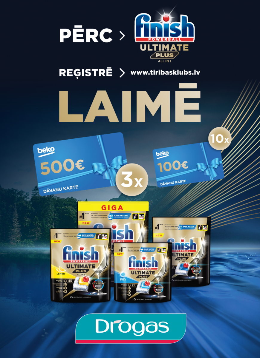 Pērc Finish Powerball Ultimate Plus all in 1, reģistrē pirkumu un laimē Beko dāvanu karti!